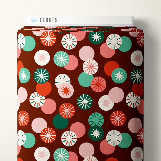Cloud9 Fabrics:Merry & Mod Holiday Peppermint Whirl Burgundy 4.8oz Organic Cotton Woven- by the Half Yard