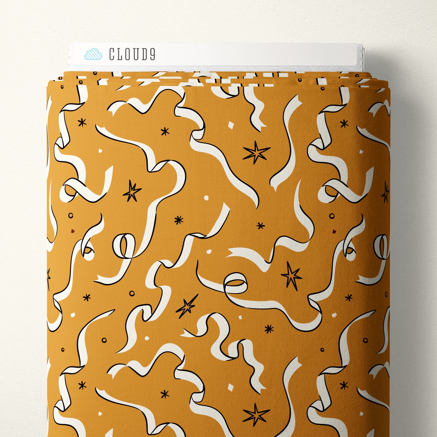 Cloud9 Fabrics:Merry & Mod Unwrapping Joy Gold 4.8oz Organic Cotton Woven- by the Half Yard