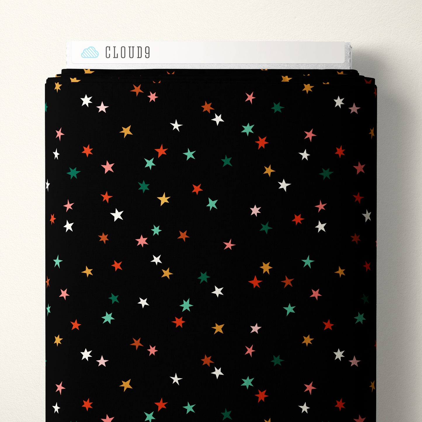 Cloud9 Fabrics:Merry & Mod Holiday Sparkle Black with  Multi Stars 4.8oz Organic Cotton Woven- by the Half Yard