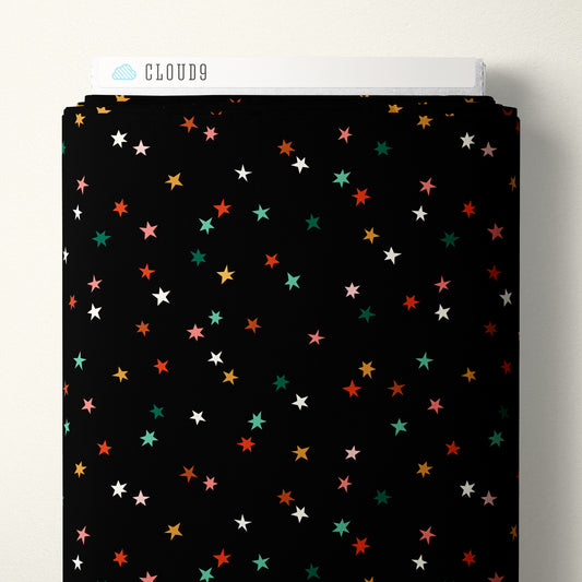 Cloud9 Fabrics:Merry & Mod Holiday Sparkle Black with  Multi Stars 4.8oz Organic Cotton Woven- by the Half Yard