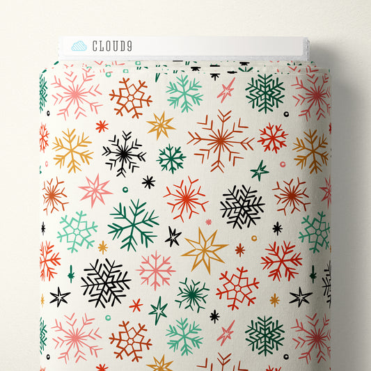 Cloud9 Fabrics:Merry & Mod Holiday Frosted and Bright Snowflakes 4.8oz Organic Cotton Woven- by the Half Yard