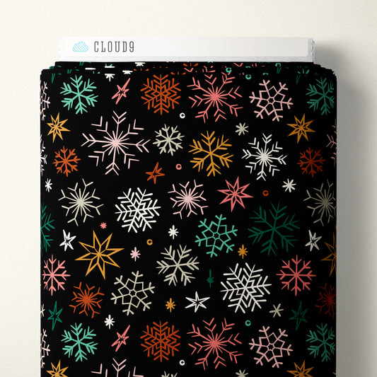 Cloud9 Fabrics:Merry & Mod Holiday Frosted and Bright Snowflakes Black 4.8oz Organic Cotton Woven- by the Half Yard