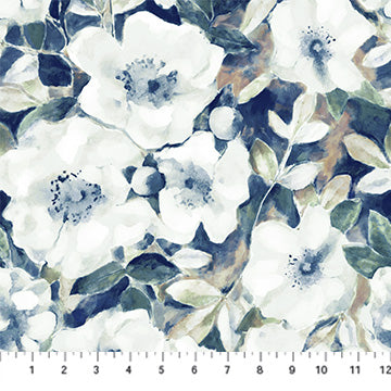 Figo Fabrics: Natural Essence Blue Scattered Large Scale Floral Rayon Challis Woven- by the Half Yard