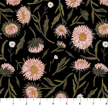 Floral pattern with pink flowers on a black background