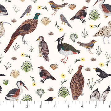 Pattern of various birds and plants on a white background