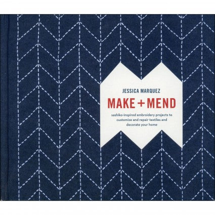 Book cover of 'Make + Mend' with a blue fabric pattern