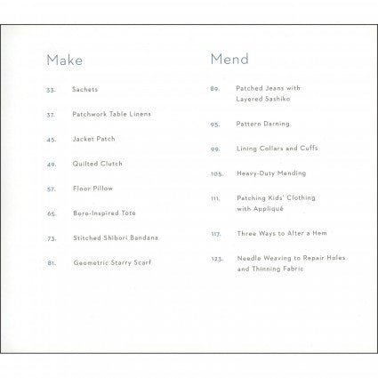 List of sewing and fabric repair techniques on a white background