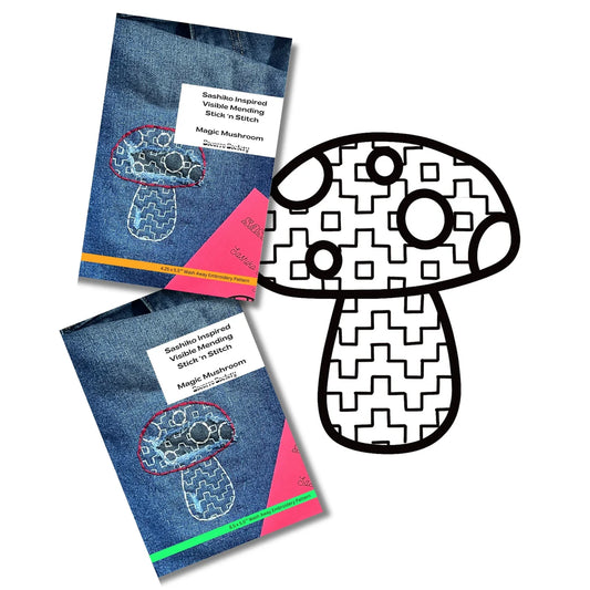 Sashiko Collection: Magic Small Mushroom- Visible Mending Stick and Stitch Adhesive Pattern(4.25"X 5.5")- 1 pack