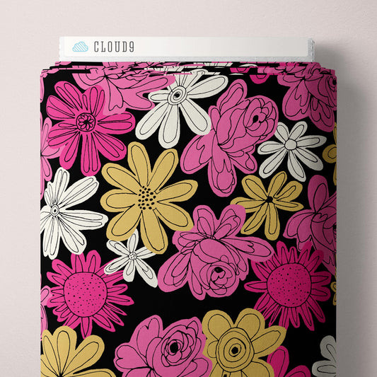 Cloud9 Fabrics: MODAL RAYON Summer Sun Studio Floral Explosion Black Rayon Challis Woven 3.9oz- by the Half Yard