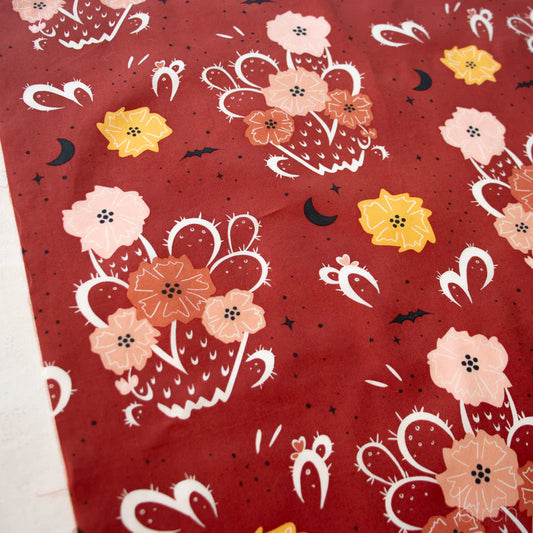 Birch Fabrics: Organic Poplin Night Cactus Terra Cotta with Bats Poplin 115 GSM Woven- Price by the Half yard