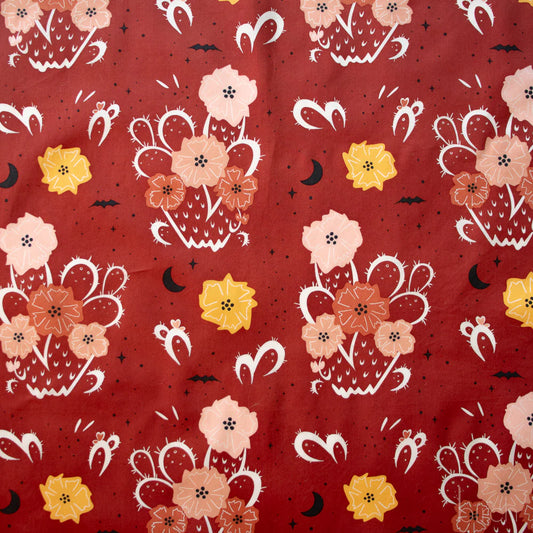 Birch Fabrics: Organic Cotton Night Cactus Terra Cotta with Bats Poplin 115 GSM Woven- Price by the Half yard