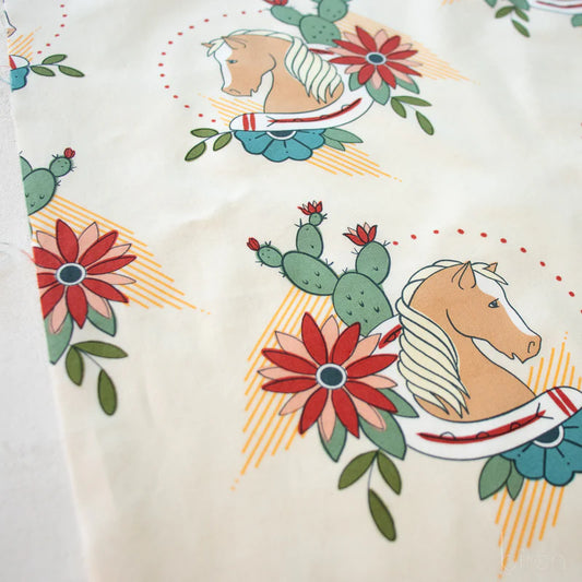 Birch Fabrics: Organic Cotton Trigger Almond Milk Western Horse Potrait Poplin 115 GSM Woven- Price by the Half yard