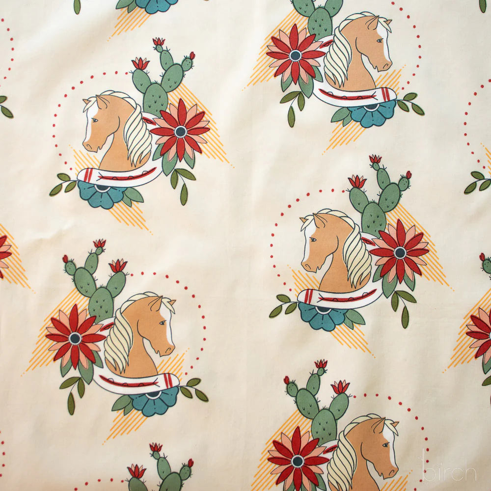 Birch Fabrics: Organic Cotton Trigger Almond Milk Western Horse Potrait Poplin 115 GSM Woven- Price by the Half yard