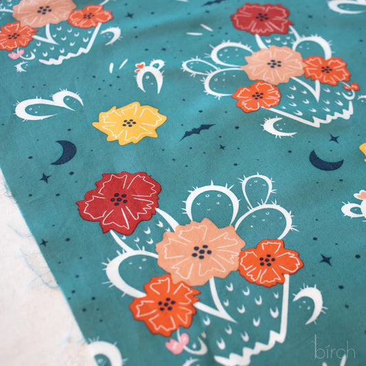 Birch Fabrics: Organic Cotton Night Cactus Denim Hue with Bats Poplin 115 GSM Woven- Price by the Half yard