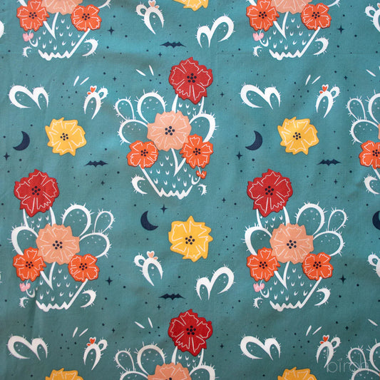 Birch Fabrics: Organic Cotton Night Cactus Denim Hue with Bats Poplin 115 GSM Woven- Price by the Half yard