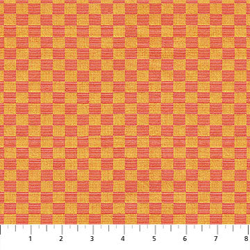 Checkered fabric pattern with red and yellow colors on a white background. Anna Maria Textiles, yarn dyed cotton check fabric