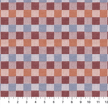 Checkered fabric pattern with brown, blue, and orange squares on a white background.