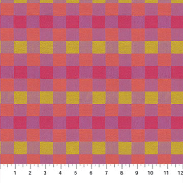 Checkered fabric pattern with red, yellow, and pink squares on a white background