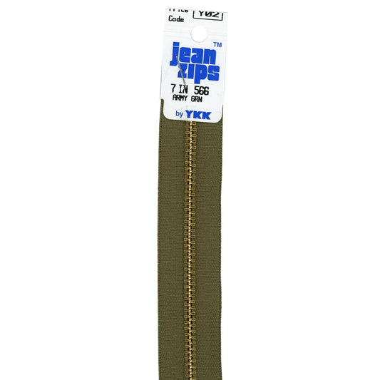 Sewing Supplies: 7 inch Army Green Jean YKK Zipper