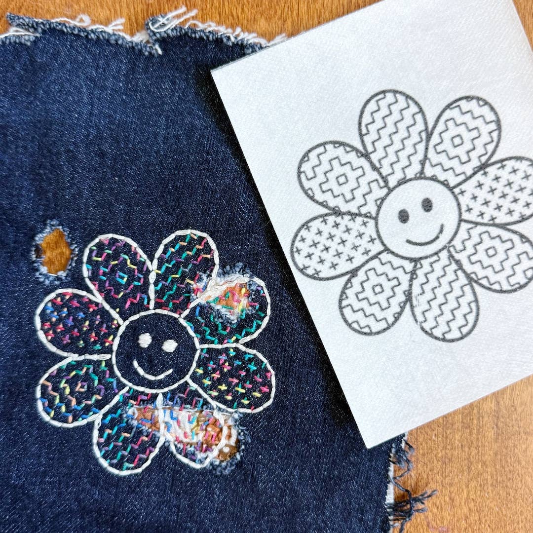 Sashiko Collection: Sashiko Daisy- Visible Mending Stick and Stitch Pattern: Medium- 1 Adhesive Transfer