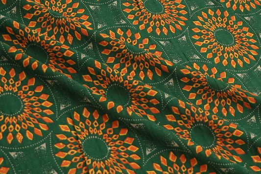 End of Bolt: 2.5 yards of Designer Deadstock Hunter Green and Orange Geo Abstract Cotton Lawn 2.36 oz - remnant
