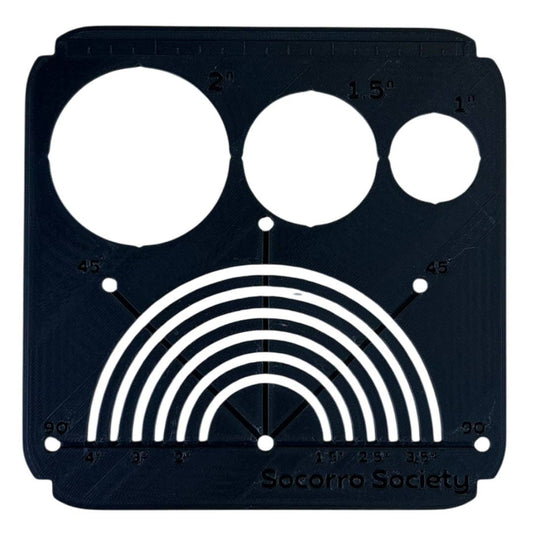 Black template with circular and arc shapes and 'Secorro Society' branding on a white background
