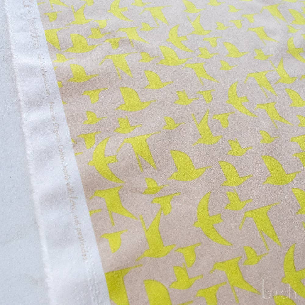Birch Fabrics: Organic Cotton Poplin Maritime Birds Lemoncello 115 GSM Woven- by the Half Yard