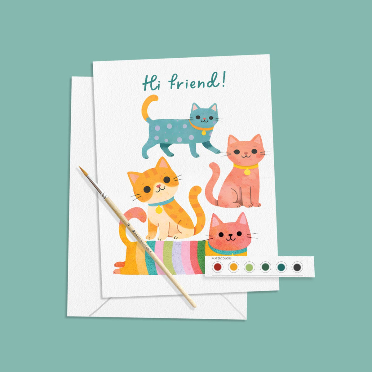 Analog Crafting: All in One Kitty Watercolor Greeting Card Kit, Kids Activity 5"x7" card- 1 Kit