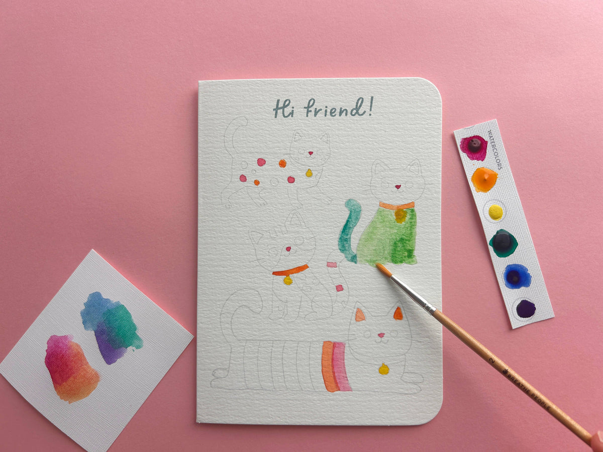 Analog Crafting: All in One Kitty Watercolor Greeting Card Kit, Kids Activity 5"x7" card- 1 Kit