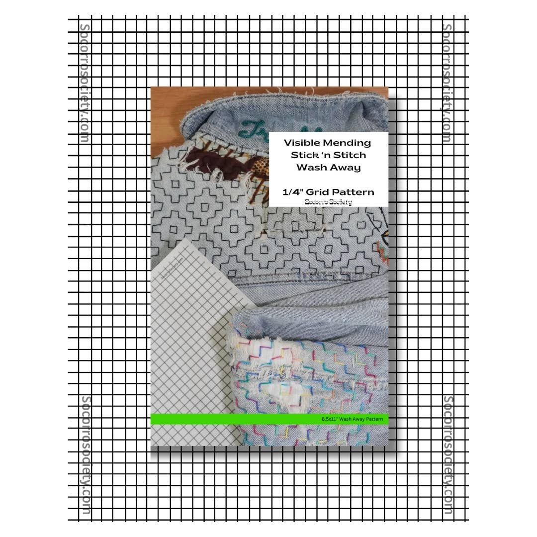 Pattern book titled 'Visible Mending Stick n Stitch Wash Away' on a grid background