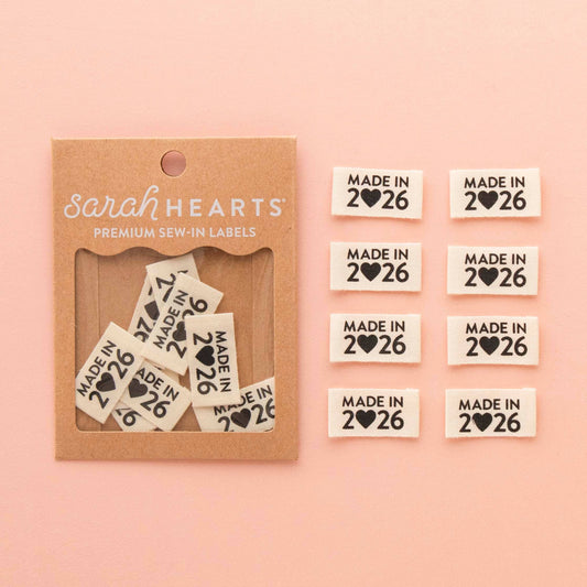 Notions: Sarah Hearts Made in 2026 Organic Cotton Endfold Labels( 8 labels) -1 pack