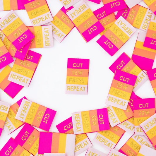 Notions: Sarah Hearts Labels "Cut Sew Press Repeat"- 1 Pack