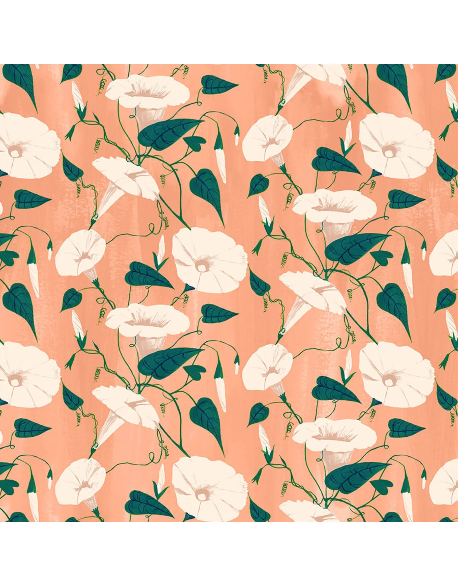 Floral pattern with white flowers and green leaves on a peach background