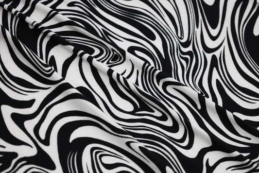 End of Bolt: 4 yards of Retro Swirls Double Brushed Black Poly Spandex Knit- remnant