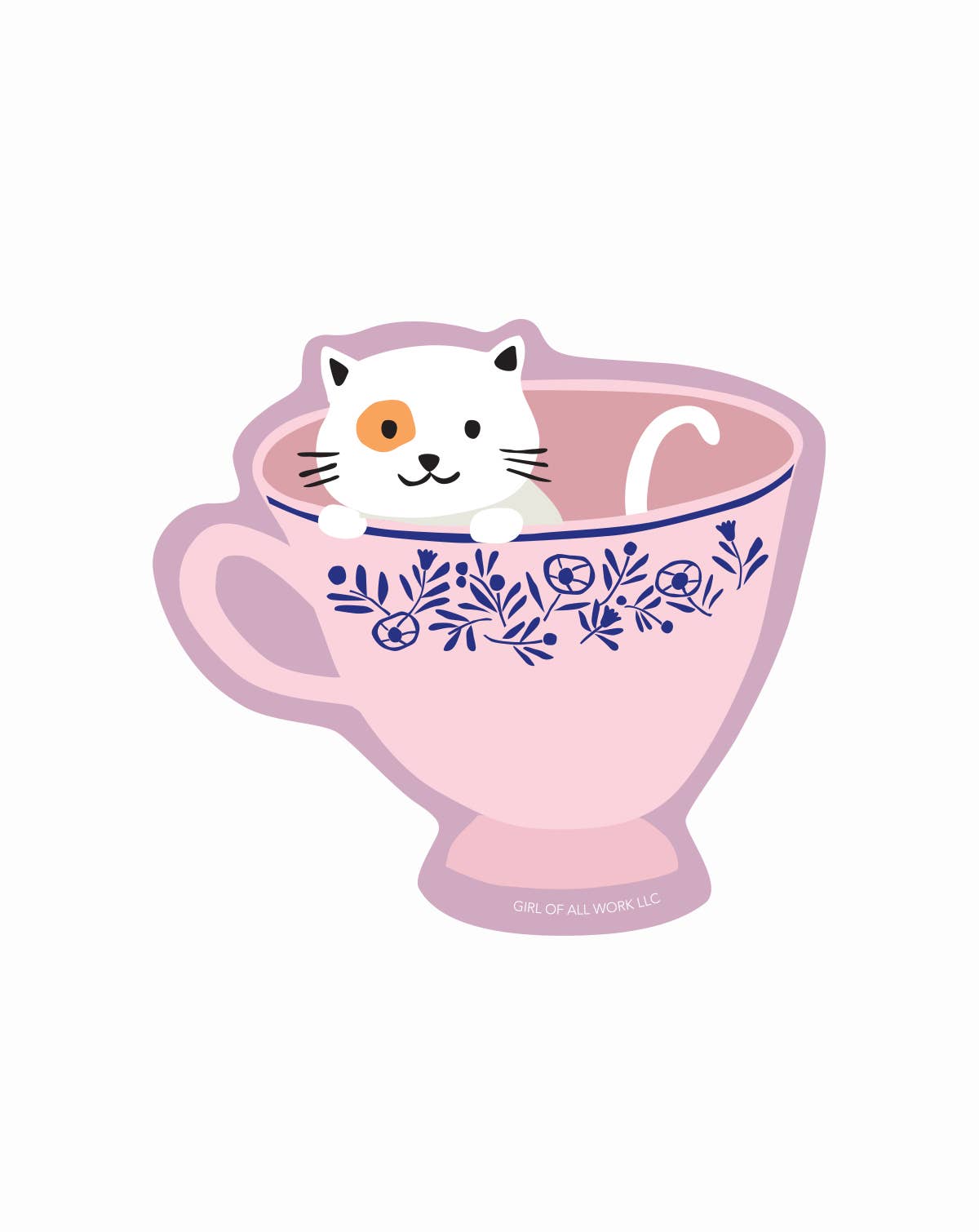 Stationary:  Cat Teacup Vinyl Sticker-( 2.8"X2.5") 1 Sticker