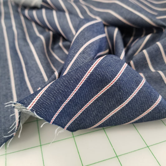 Designer Deadstock Cotton Tencel  Vertical Red Ticking Stripe Shirting Denim-6oz- by the yard