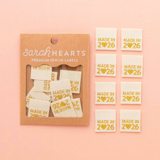 Notions: Sarah Hearts Made in 2026 Gold Woven 8 Labels - Quilt and Clothing Tags - 1 Pack