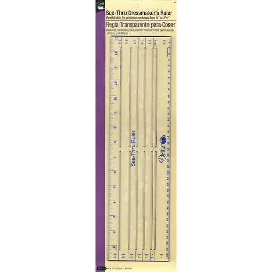 Dressmaker's ruler with measurements on a white background. LA Finch Fabrics Tools