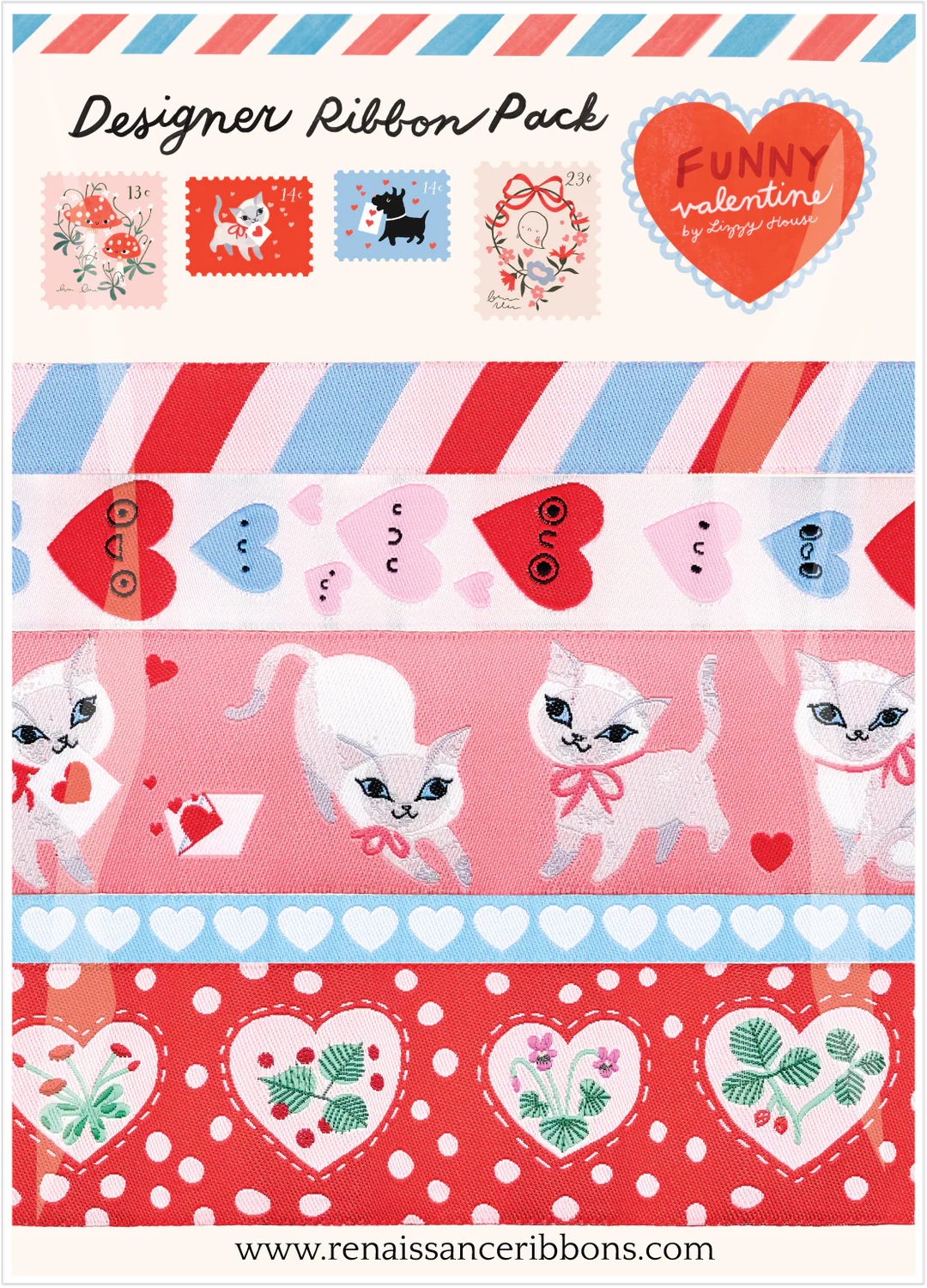 Ribbon & Trims Notion: Funny Valentine Designer Lizzy House Ribbon Pack- 5 yards total