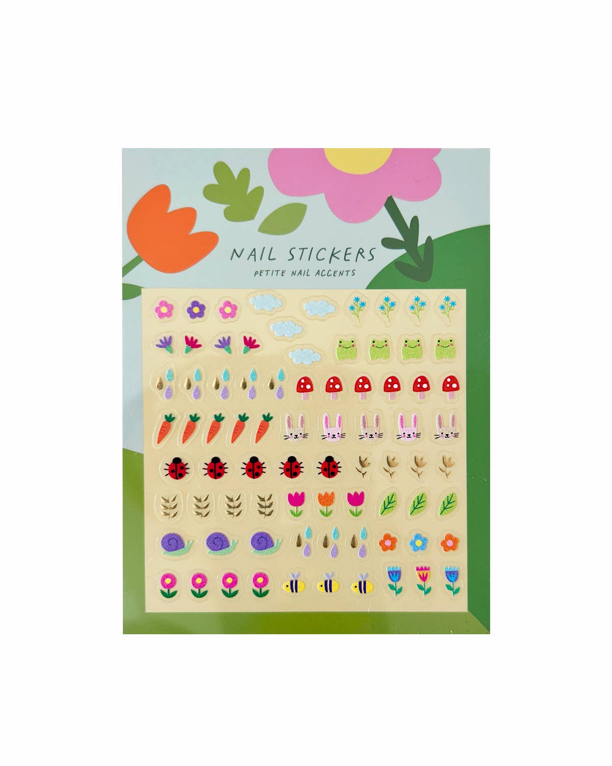 Nail stickers with various designs on a colorful packaging background