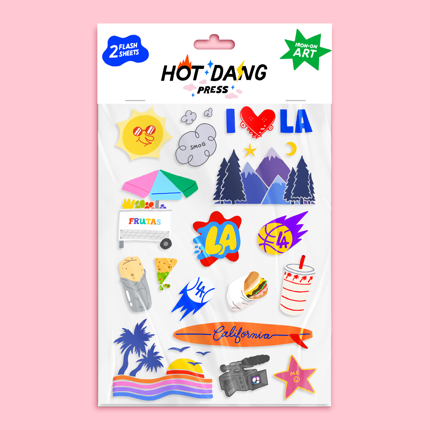 Sheet of colorful stickers with 'I ❤️ LA' and other graphics on a pink background, featuring the brand 'Hot Dang Press'.