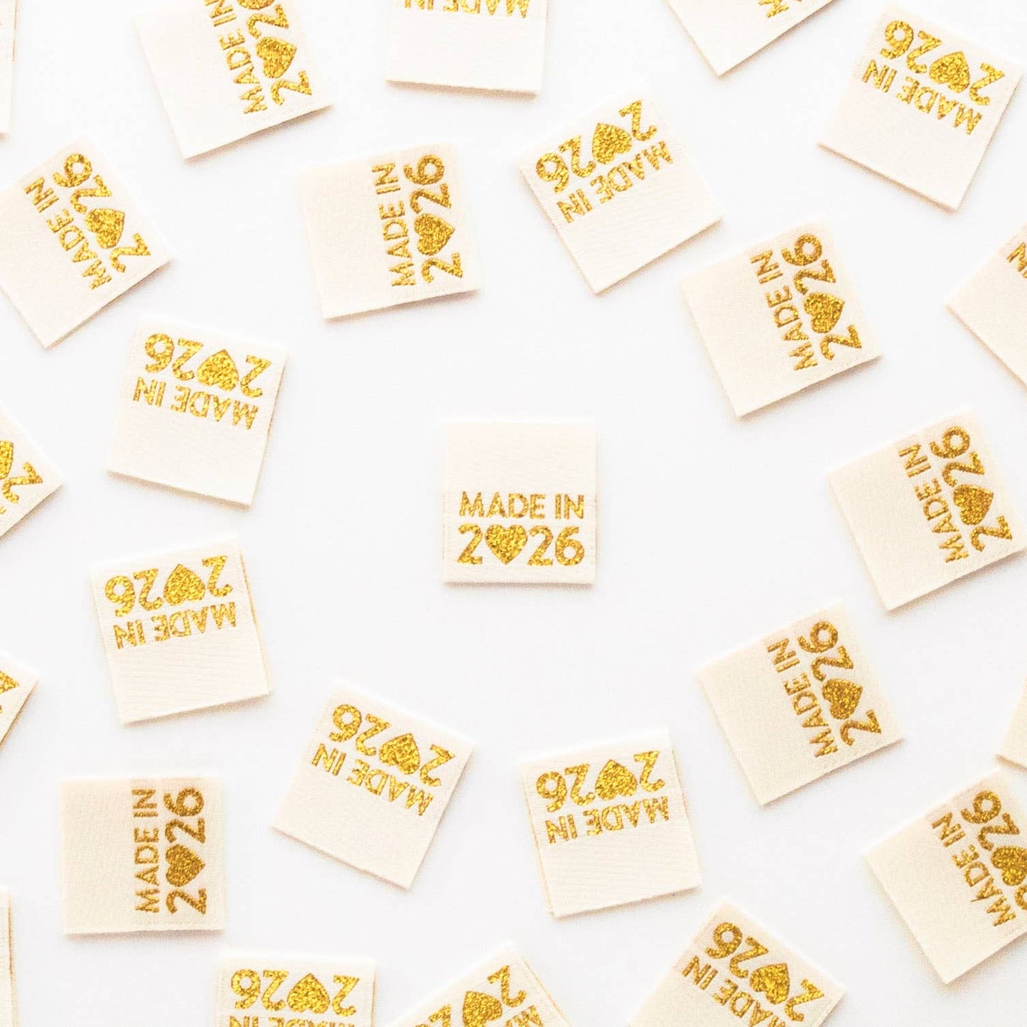 Notions: Sarah Hearts Made in 2026 Gold Woven 8 Labels - Quilt and Clothing Tags - 1 Pack
