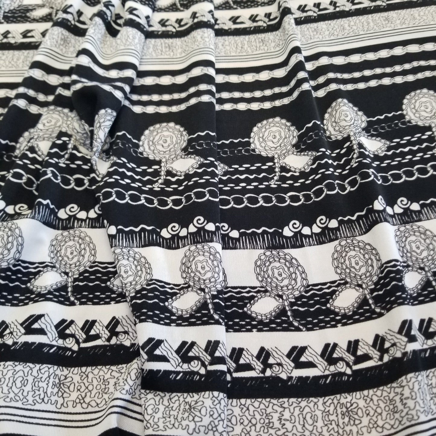 Designer Deadstock Silk Jersey Bohemian Black and Ivory Stripes Print Knit-price by the yard