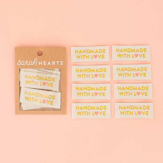 Notions: Sarah Hearts Labels:Handmade with Love Gold Sewing Woven Labels Tags-1 pack