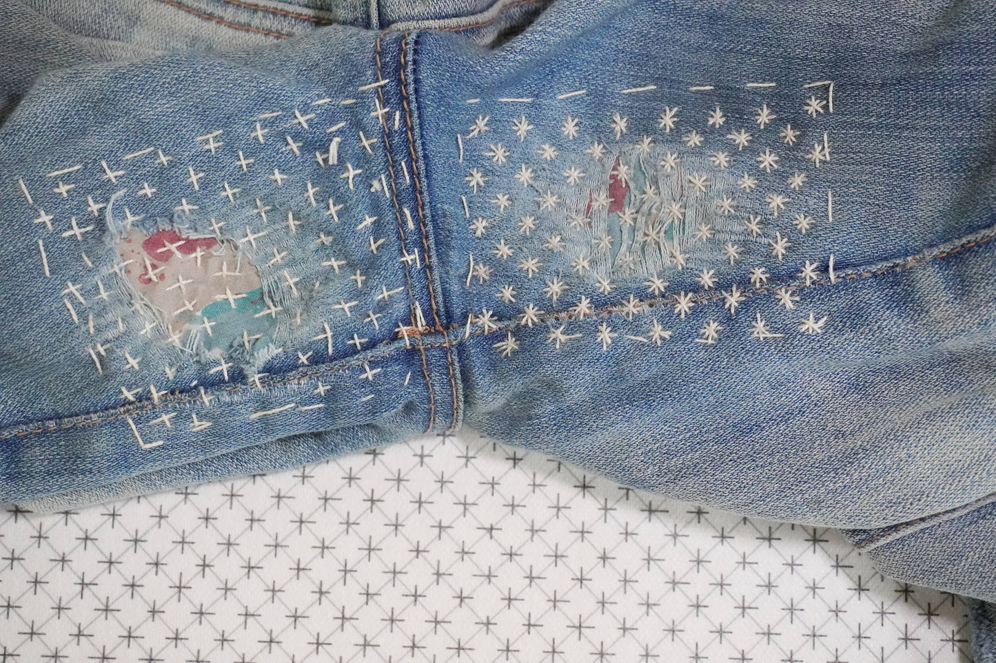 Close-up of a patch on a denim fabric with a star pattern.