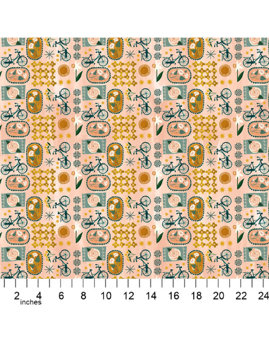 Figo Fabrics: Daybreak Patchwork with Bicycles in Coral Cotton Woven- by the Half Yard