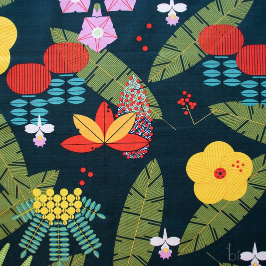Colorful floral and leaf pattern on a dark blue background. iconic charley harper  print. hawaiian foliage. LA Finch Fabrics/  Birch Fabrics