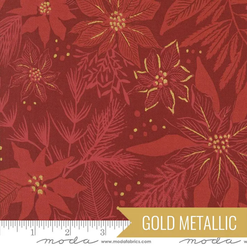 Holiday Collection: Moda Fabrics Crimson Poinsettia Mix Florals Metallic Quilting Cotton Woven- by the Half Yard