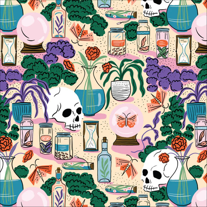 Colorful pattern with skulls, bottles, and plants on a beige background