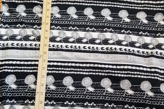 End of Bolt: 4-3/8th yards of Designer Deadstock Silk Jersey Bohemian Black and Ivory Stripes Print Knit-remnant